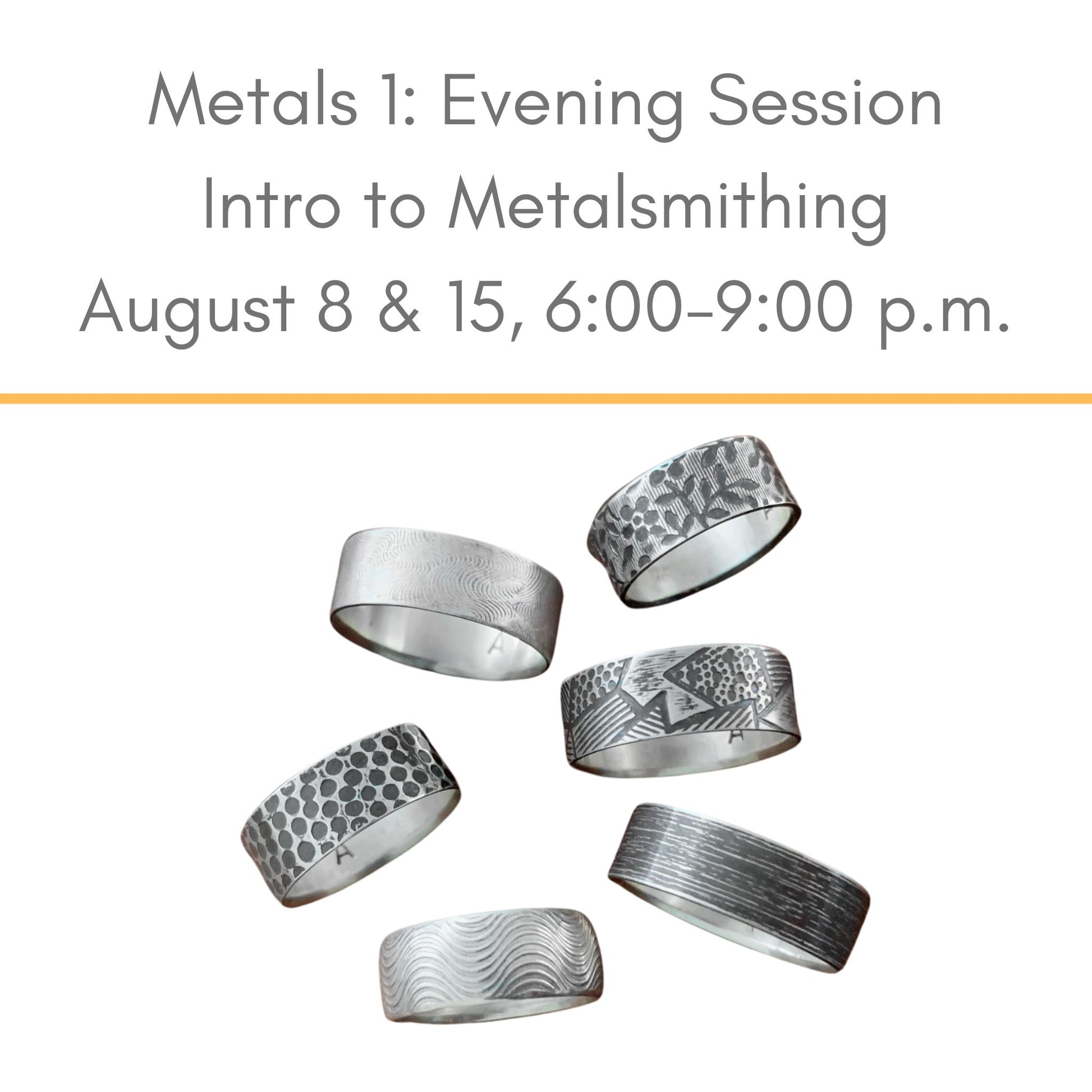 Intro to metalsmithing jewelry class August evening session