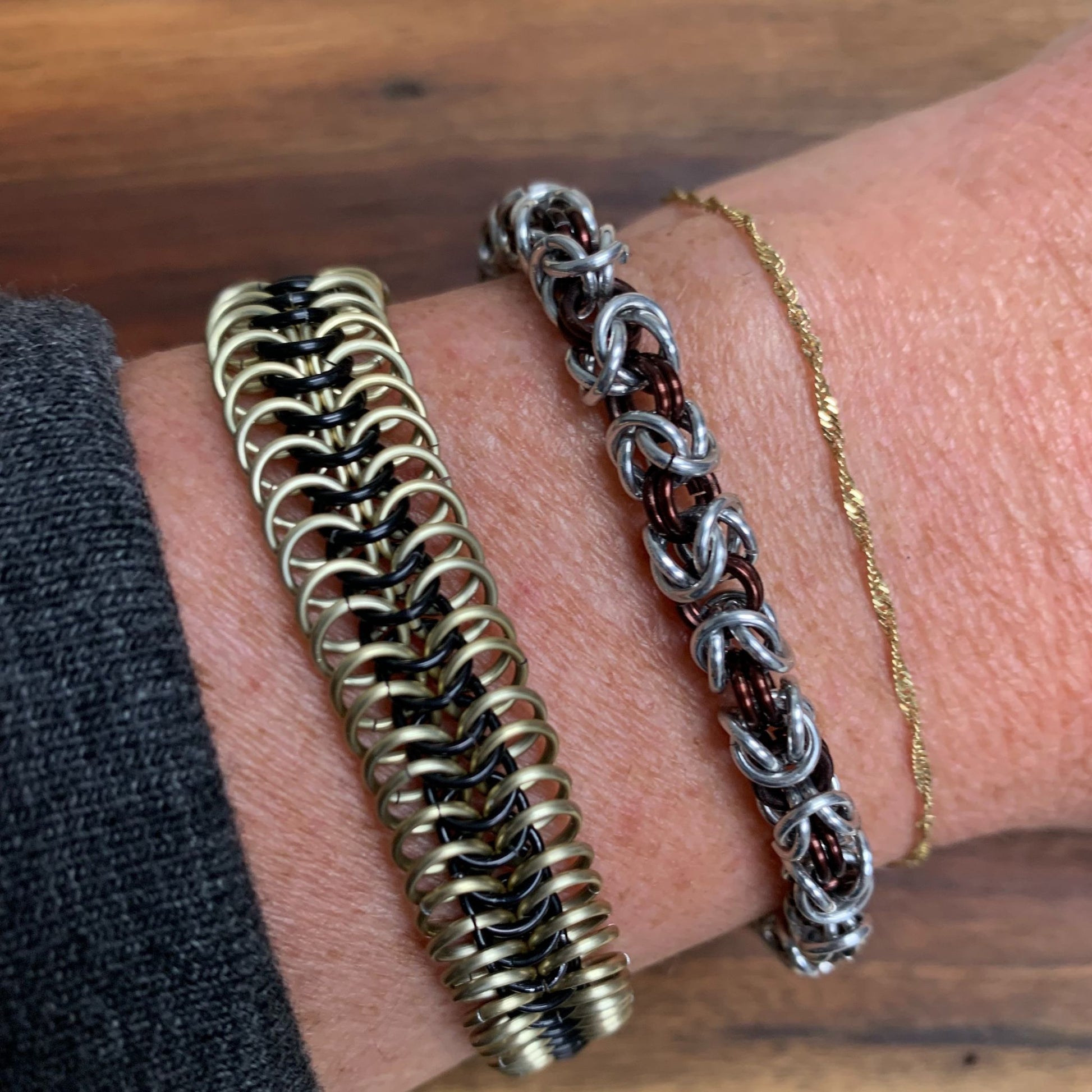 Chainmaille bracelets on model