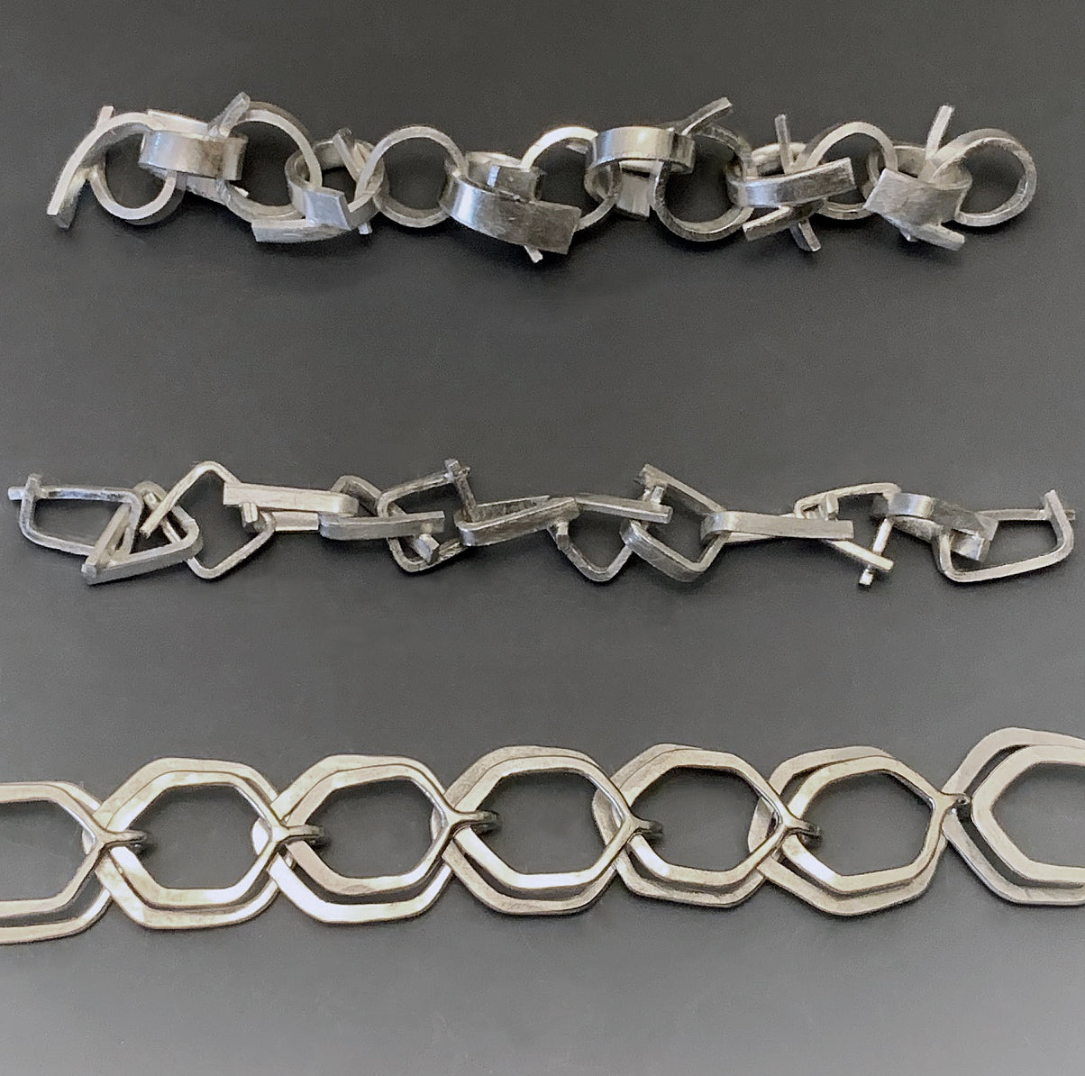 Modern silver chain samples by Suzanne Williams